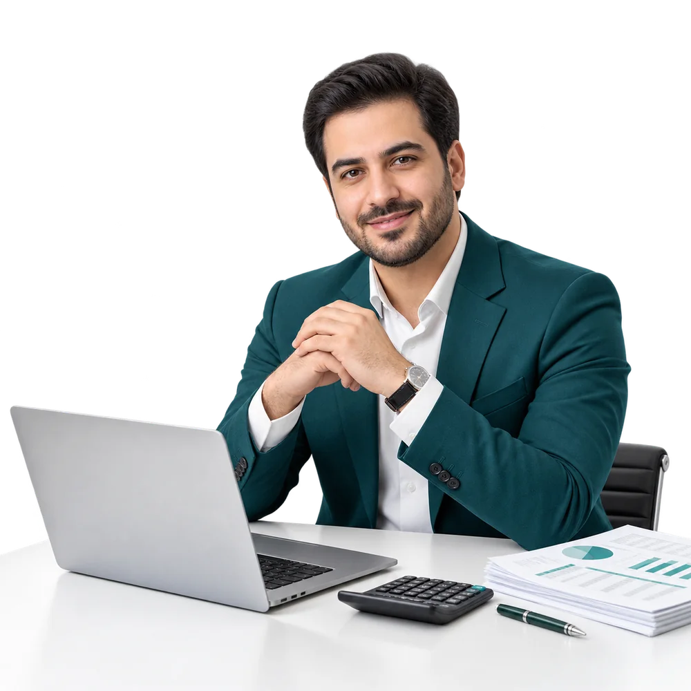 تصویر مفهومی مدرس حسابداری در کنار لپ‌تاپ، ماشین‌حساب و گزارش‌های مالی